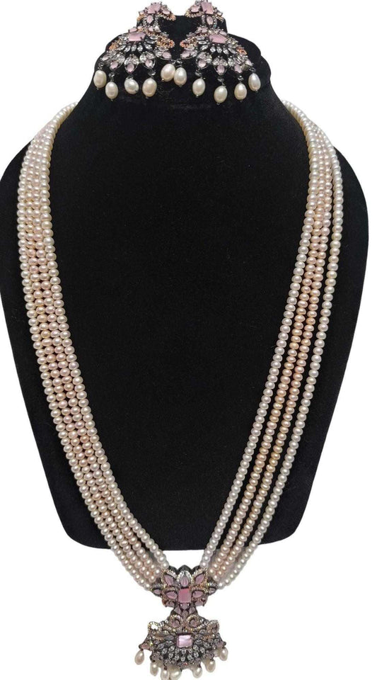 Pinkish Pearl Long Set with Drop Earrings Traditional Ethnic Jewellery