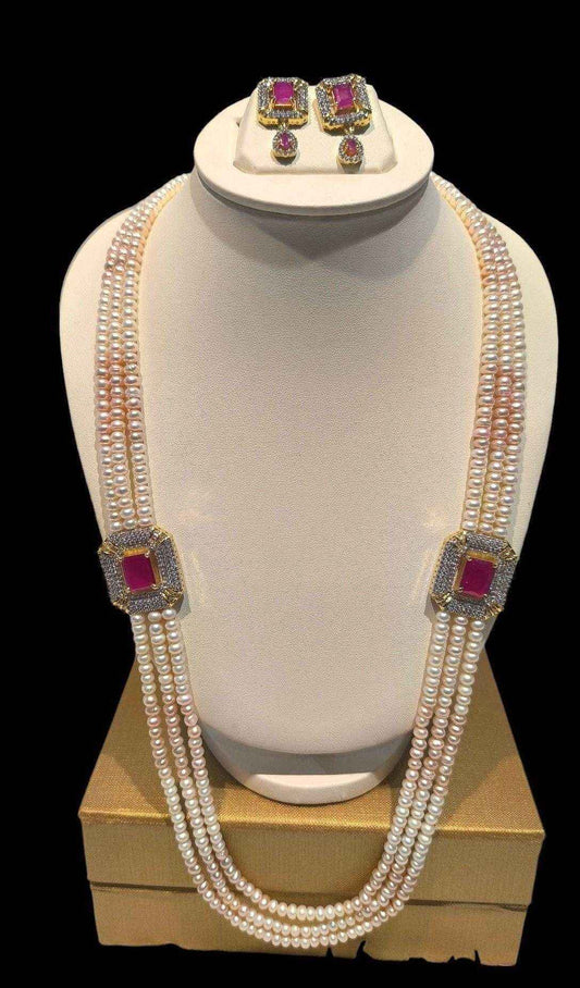 GDJ Pink Ruby Three Layered Two Sided Brooch Long Set with Earring