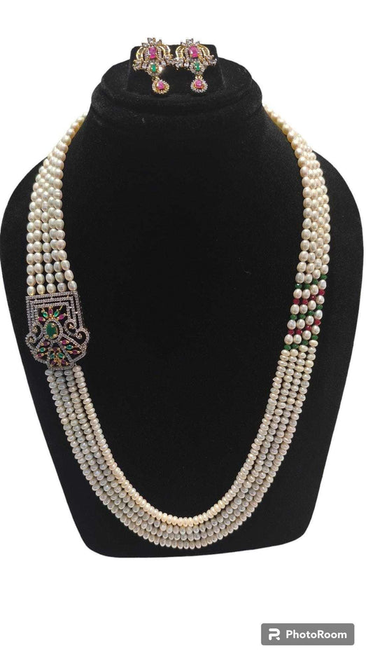 Gold Tone Multi Layered Side Brooch Pearls Long Set For Women