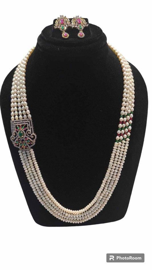 Gold Tone Multi Layered Side Brooch Pearls Long Set For Women