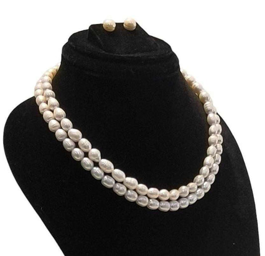 2 Line Oval Pearl Set for Women With Certificate of Authenticity AA Qu