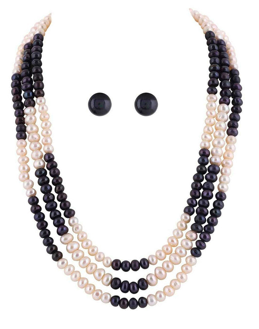 Black and White Semi Round Triple Layer Natural Fresh Water Pearls Set