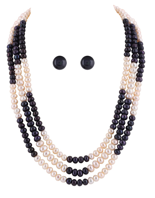 Black and White Semi Round Triple Layer Natural Fresh Water Pearls Set For Women n Girls