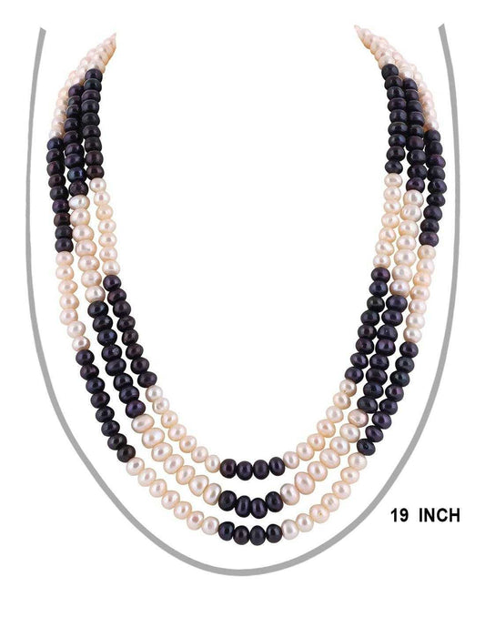 Black and White Semi Round Triple Layer Natural Fresh Water Pearls Set