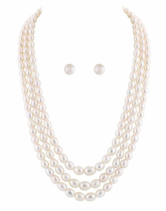 Triple Layer Real Natural Fresh Oval Shaped White Colour Pearl Set