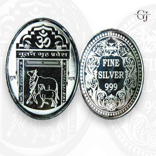 Gruha Pravesh 3D Silver Coin 24KT Purity 999 Oval Shape
