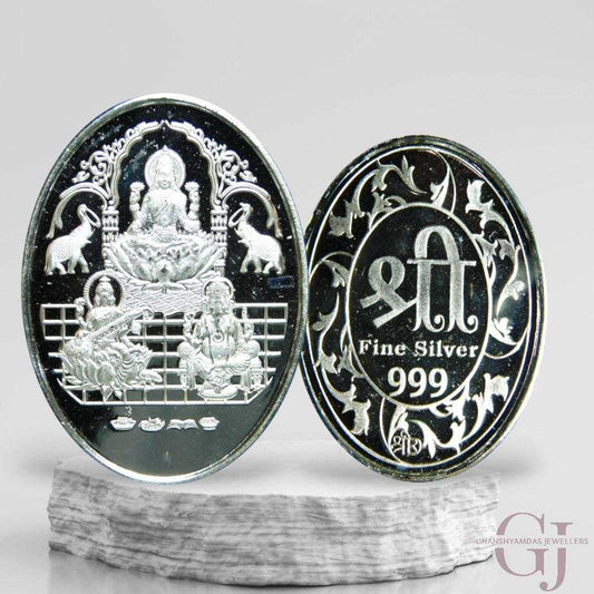 God Ganesh Saraswati & Lakshmi Silver Coin 24KT Purity 999 Oval Shape