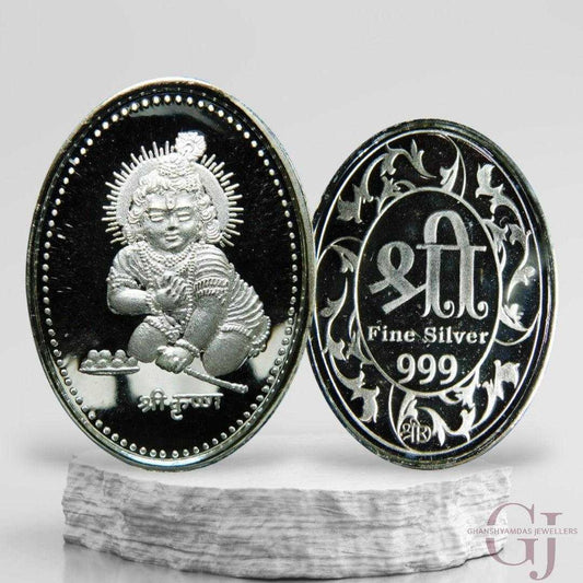 God Laddu Gopal 3D Silver Coin 24KT Purity 999 Oval Shape with shree