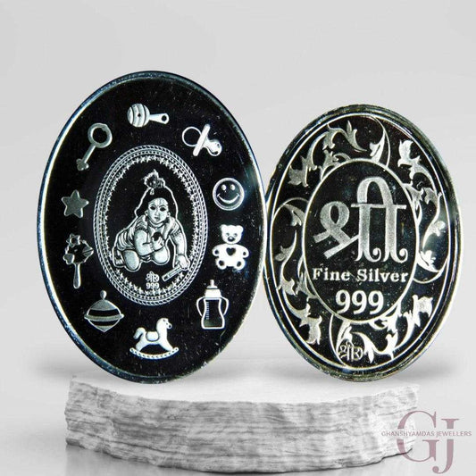 God Laddu Gopal 3D Silver Coin 24KT Purity 999 Oval Shape with shree