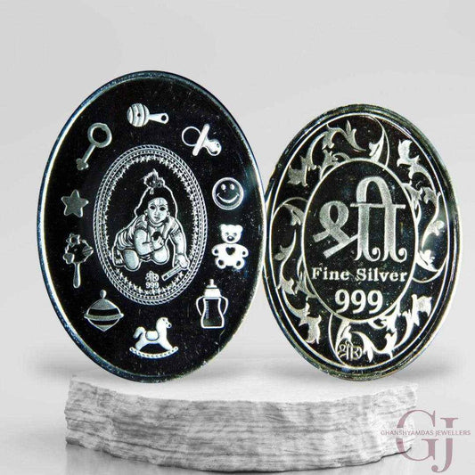 God Laddu Gopal 3D Silver Coin 24KT Purity 999 Oval Shape with shree