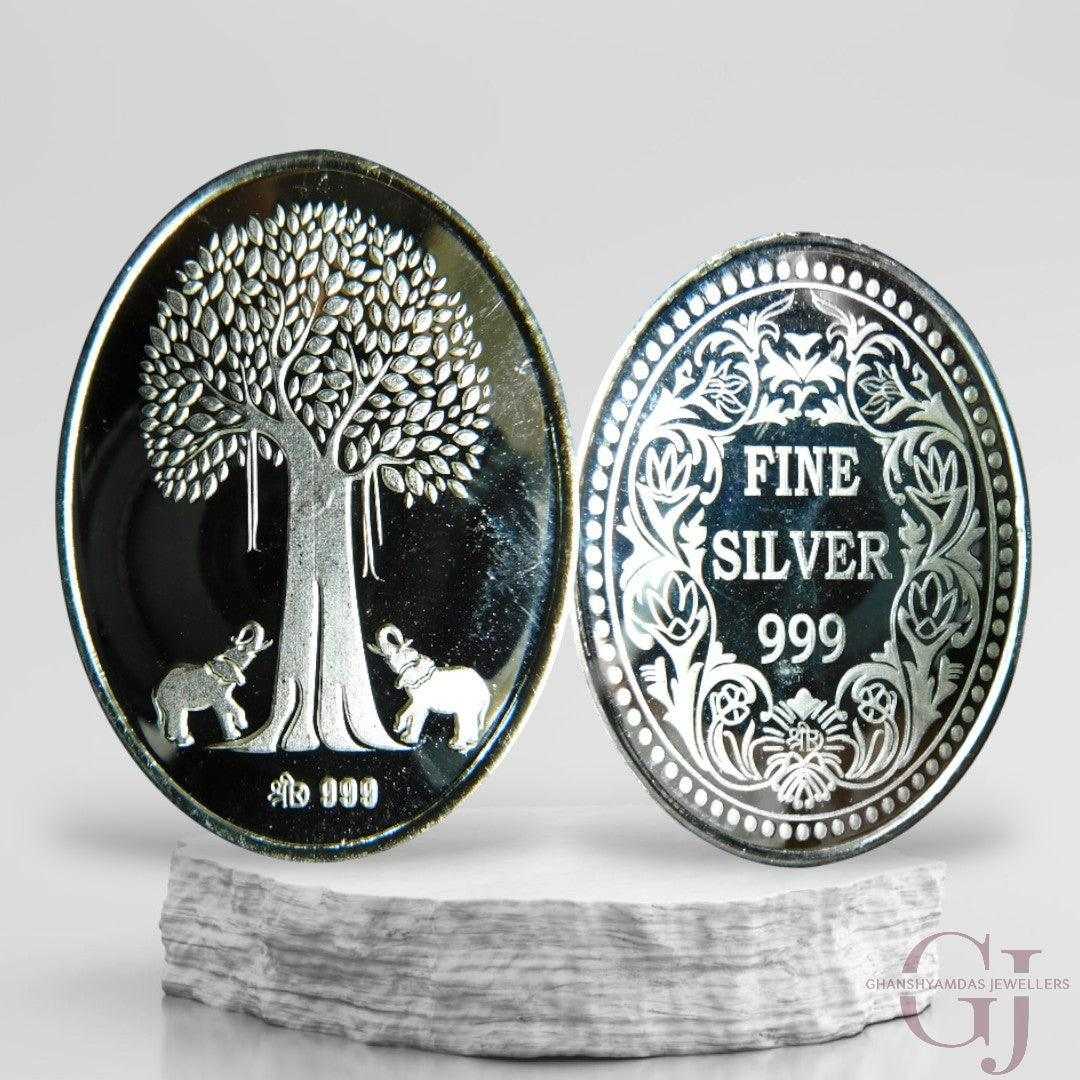 Banyan Tree 3D Silver Coin 24KT Purity 999 Oval Shape Front side Backside Maple Leaf