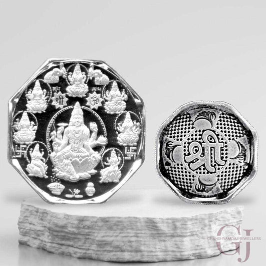Goddess Ashta Laskhmi 3D Silver Coin Purity 999 Octagon Shape