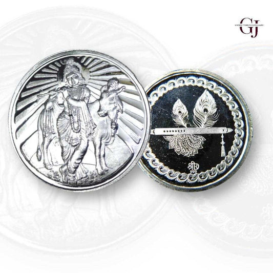 God Krishna With Cow/Gau Mata - 3D Silver Coin 24KT Purity 999 Round S