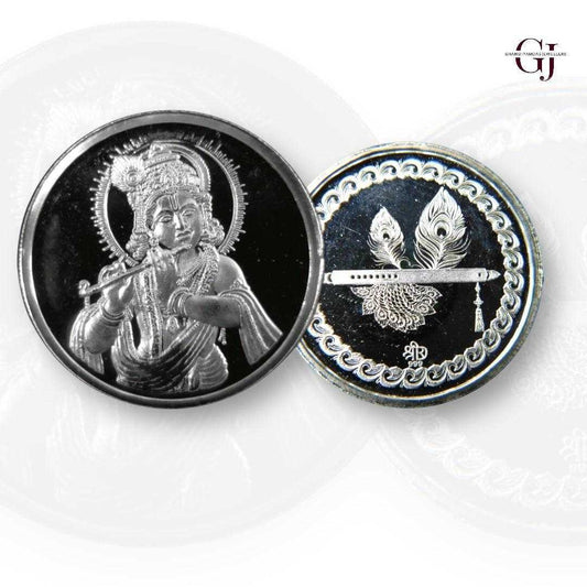God Krishna - 3D Silver Coin 24KT Purity 999 Round Shape - Backside Fe