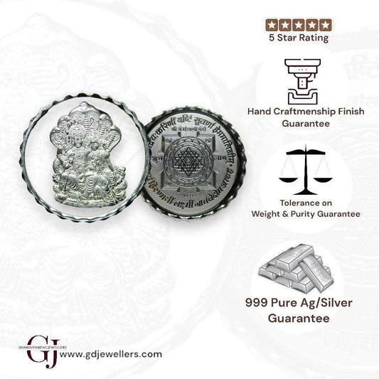 Goddess Lakshmi & Narayana - 3D Silver Coin 24KT Purity 999 Round Shap
