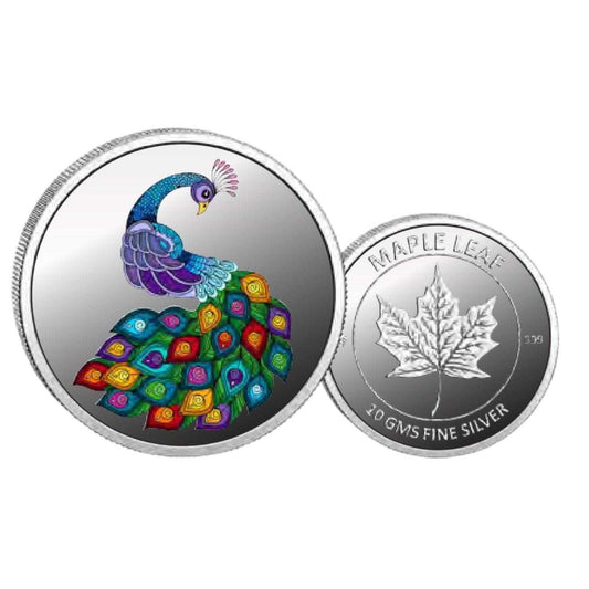 Peacock- Color Fine Silver Coin Purity 999 Round Shape - Backside Mapl