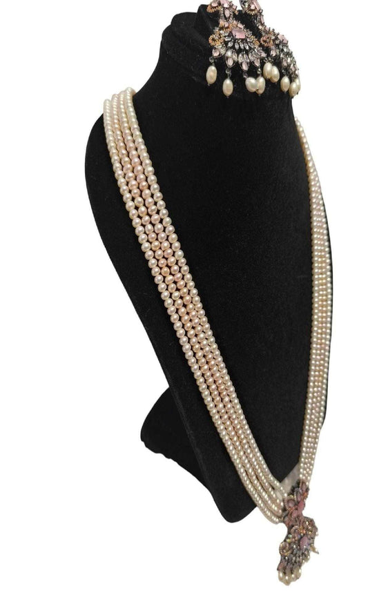 Pinkish Pearl Long Set with Drop Earrings Traditional Ethnic Jewellery