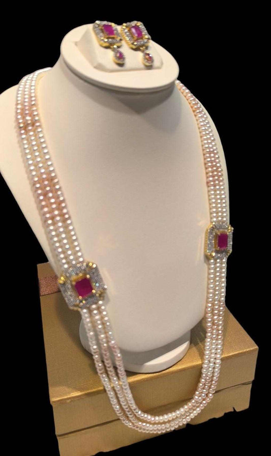 GDJ  Pink Ruby Three Layered Two Sided Brooch Long Set  with Earring  