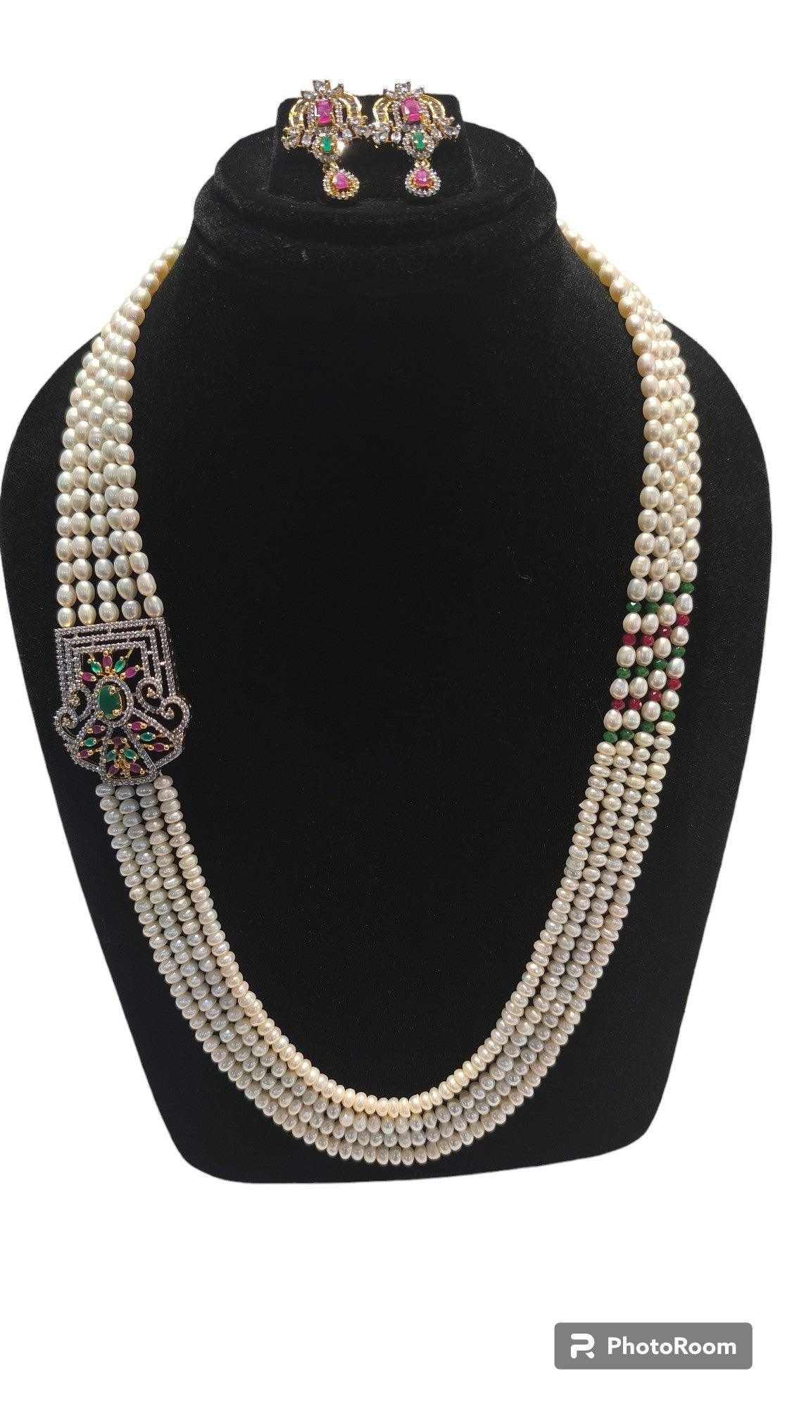 Gold Tone Multi Layered Side Brooch Pearls Long Set For Women