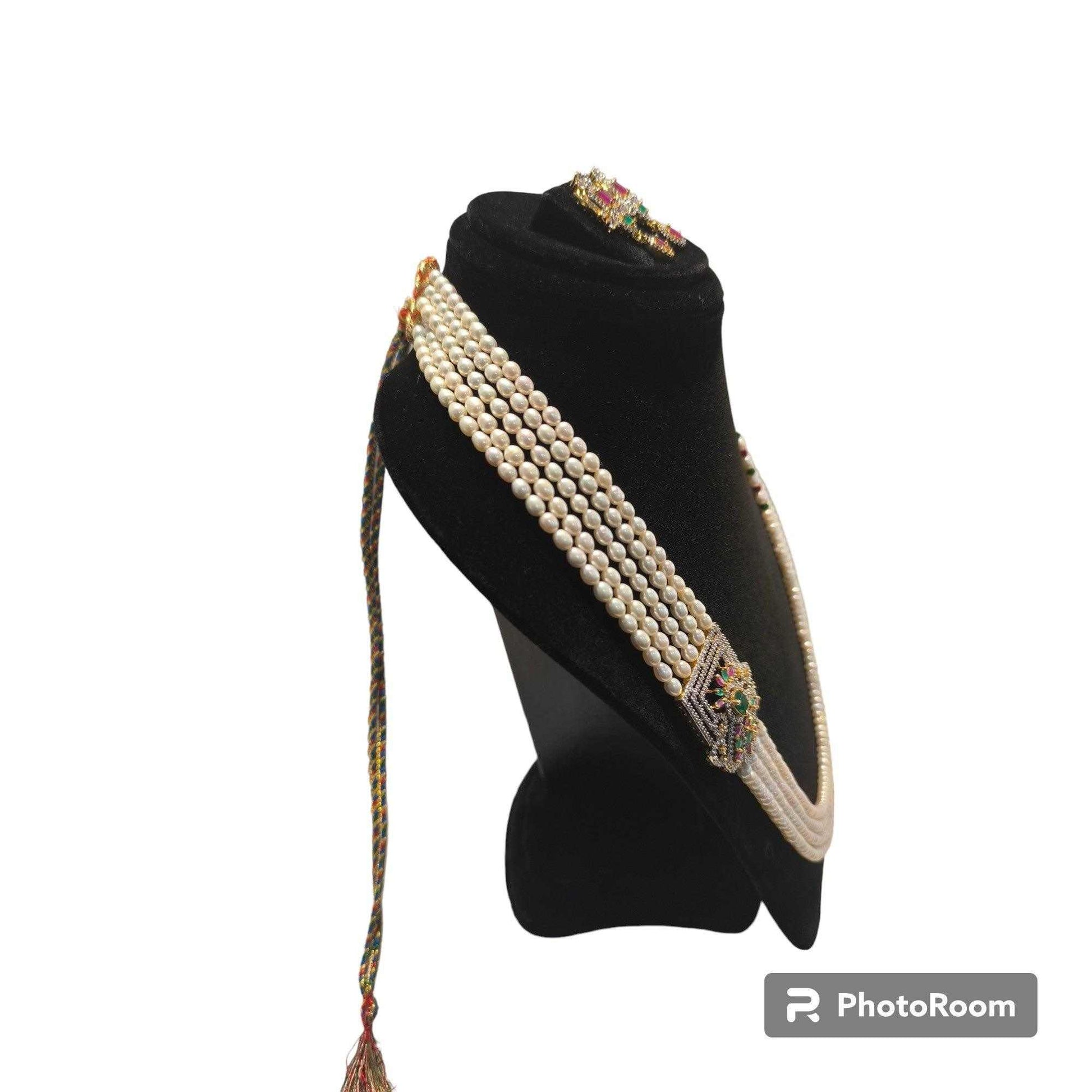 Gold Tone Multi Layered Side Brooch Pearls Long Set For Women