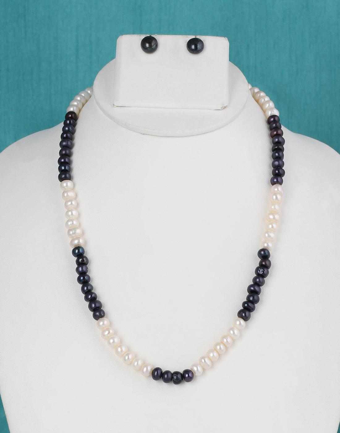 Black and White Semi Round Single Layer Natural Fresh Water Pearls Set