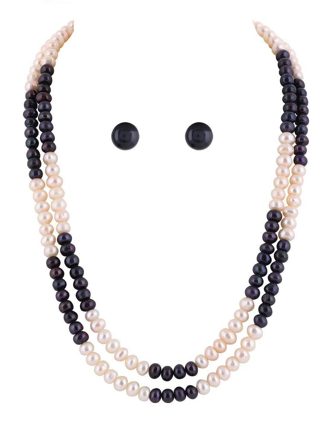 Black and White Semi Round Double Layer Natural Fresh Water Pearls Set