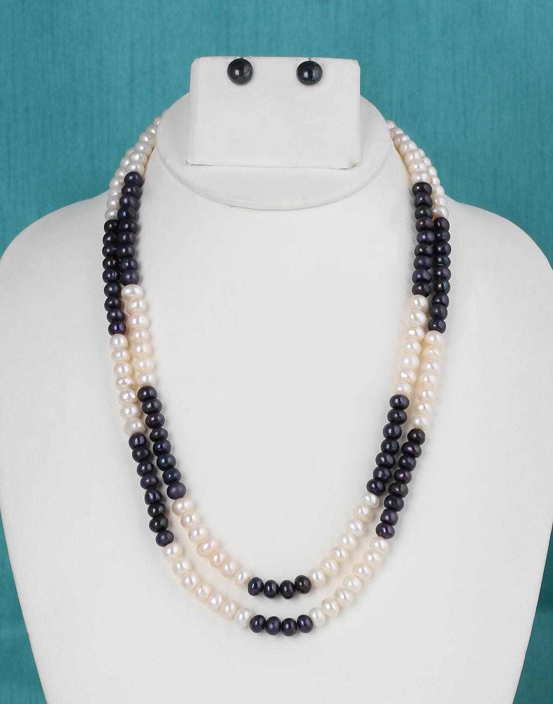 Black and White Semi Round Double Layer Natural Fresh Water Pearls Set