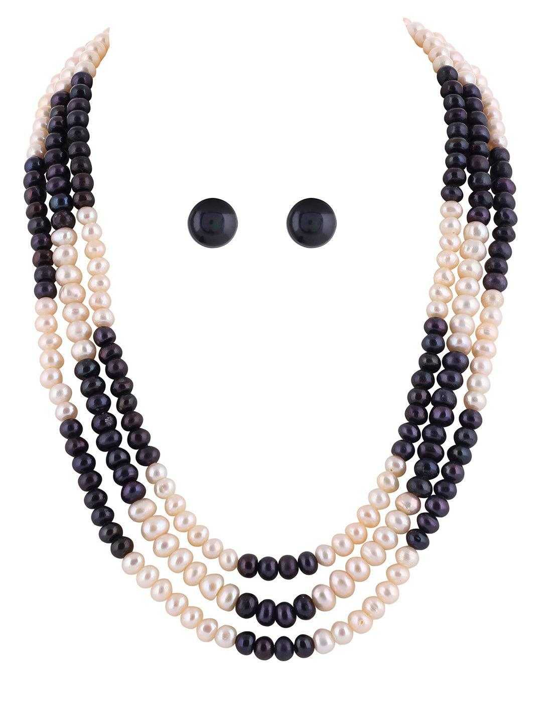 Black and White Semi Round Triple Layer Natural Fresh Water Pearls Set