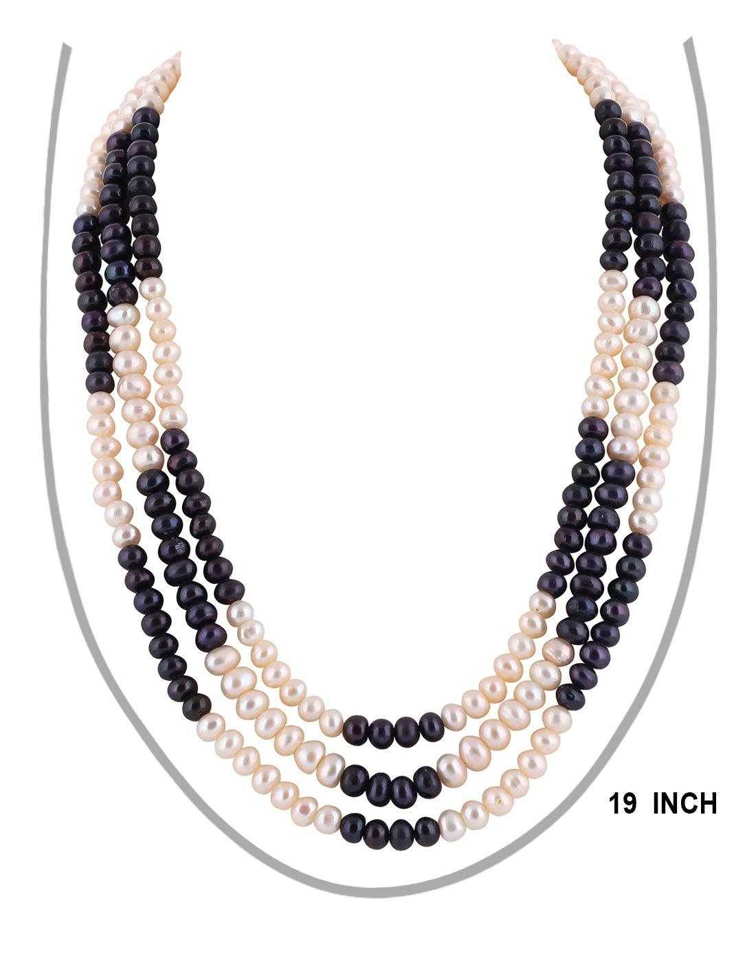 Black and White Semi Round Triple Layer Natural Fresh Water Pearls Set
