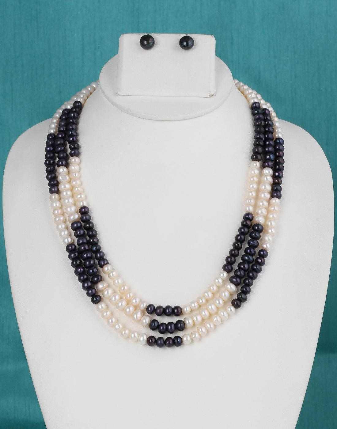 Black and White Semi Round Triple Layer Natural Fresh Water Pearls Set