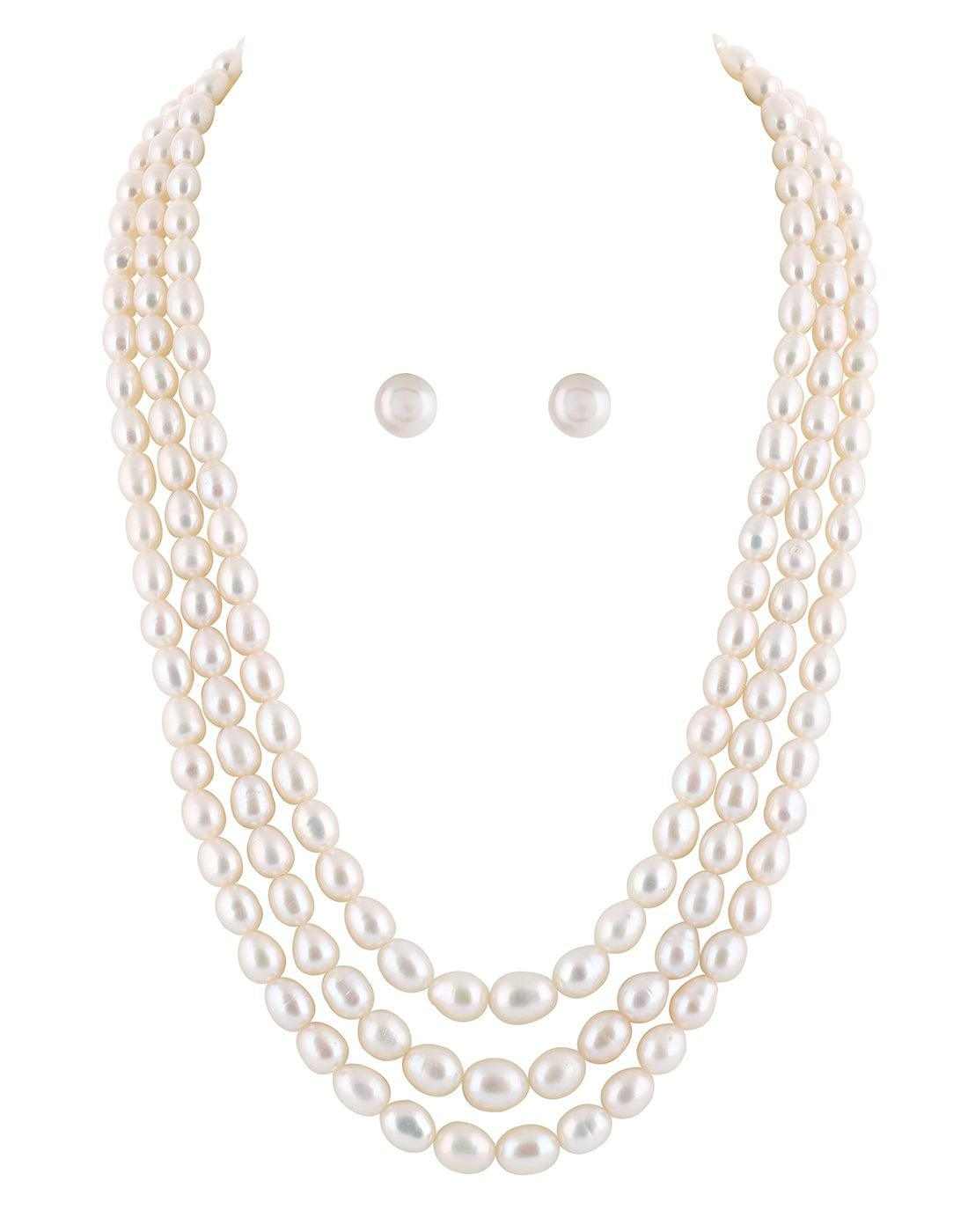 Triple Layer Real Natural Fresh  Oval Shaped White Colour Pearl Set
