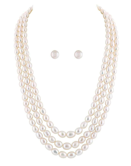 Triple Layer Real Natural Fresh  Oval Shaped White Colour Pearl Set