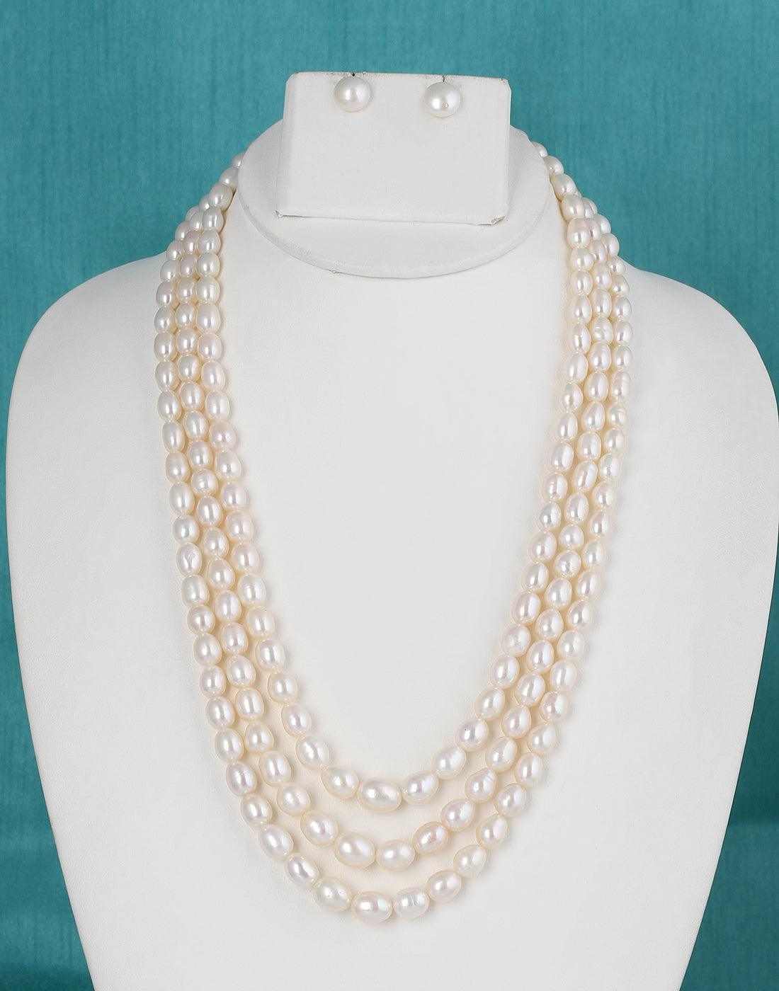 Triple Layer Real Natural Fresh  Oval Shaped White Colour Pearl Set