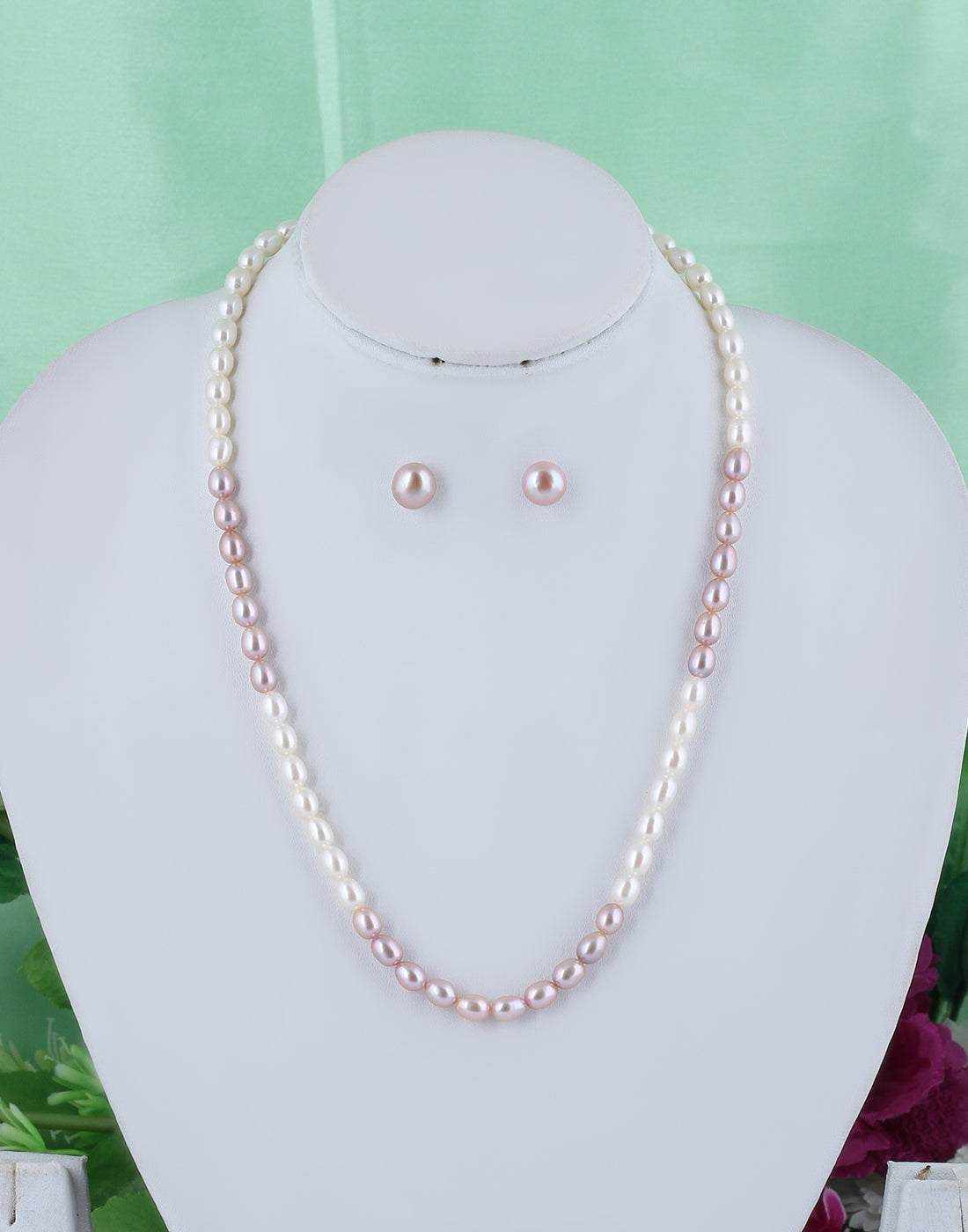 White & Peach Color Oval Shape Pearl Set