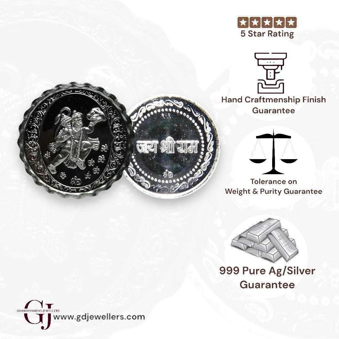 God Hanuman With Pahad/ Mountain - 3D Silver Coin 24KT Purity 999 Roun