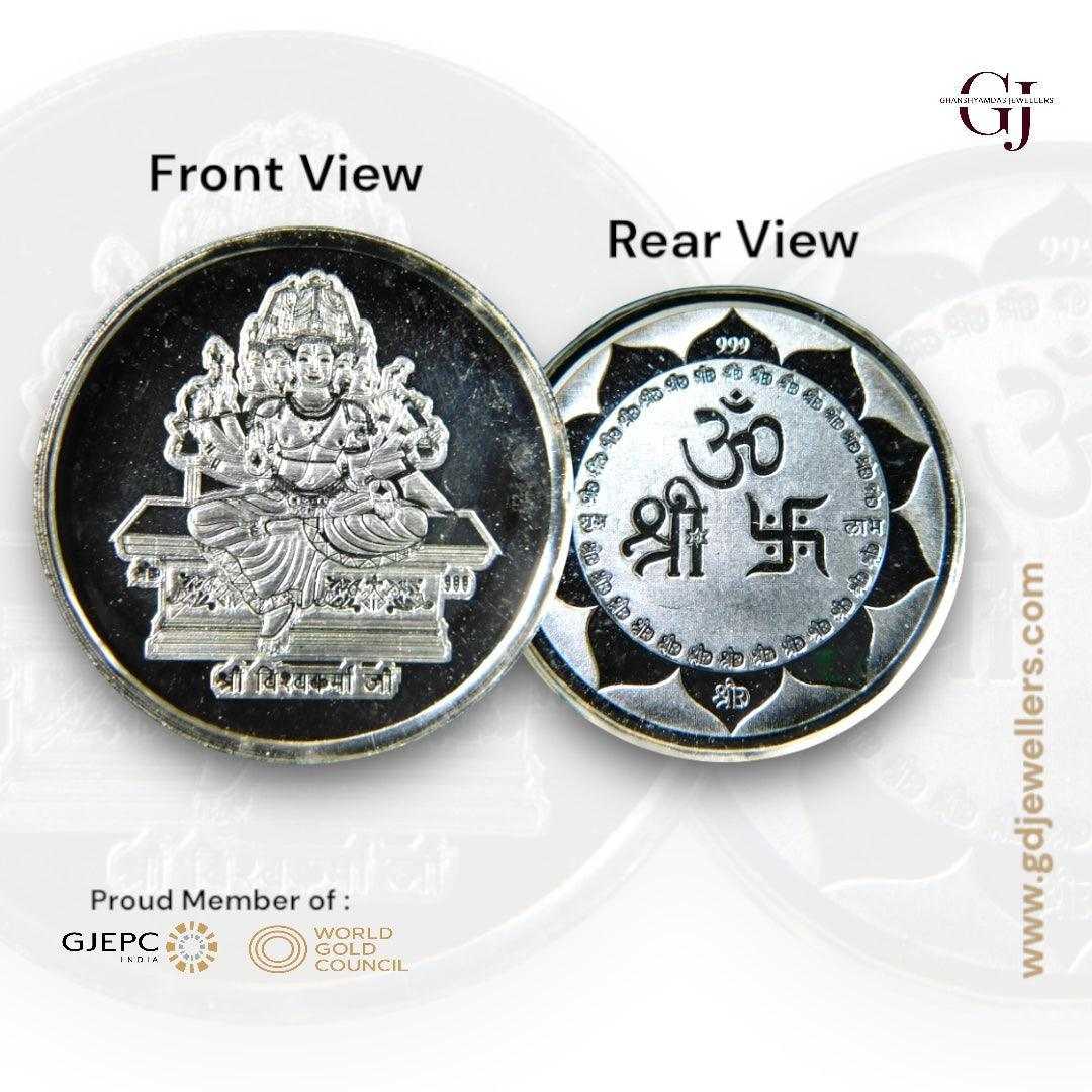 God Vishwakarma - 3D Silver Coin 24KT Purity 999 Round Shape - Backsid