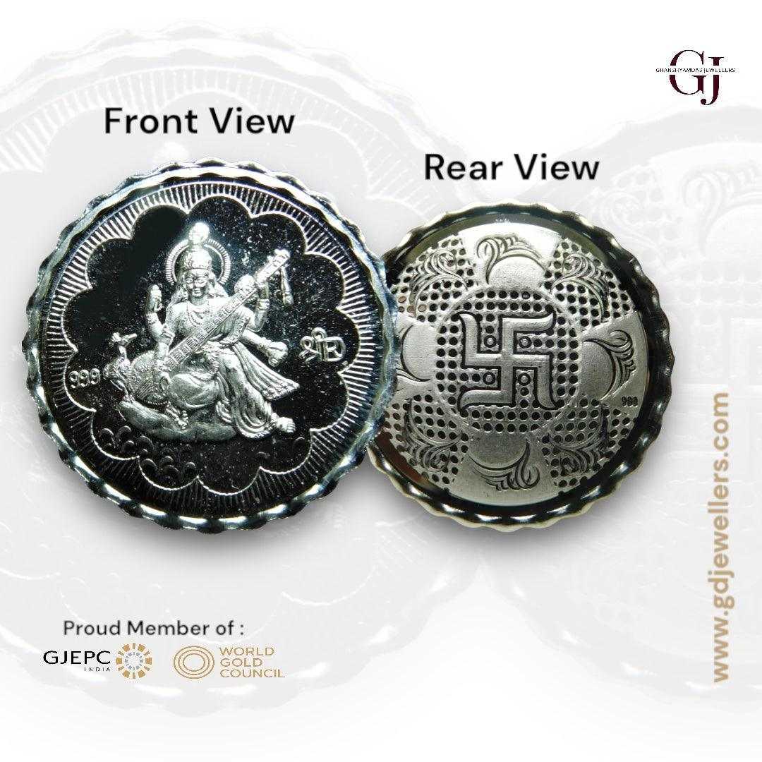 Goddess Maa Saraswati - 3D Silver Coin 24KT Purity 999 Round Shape - B