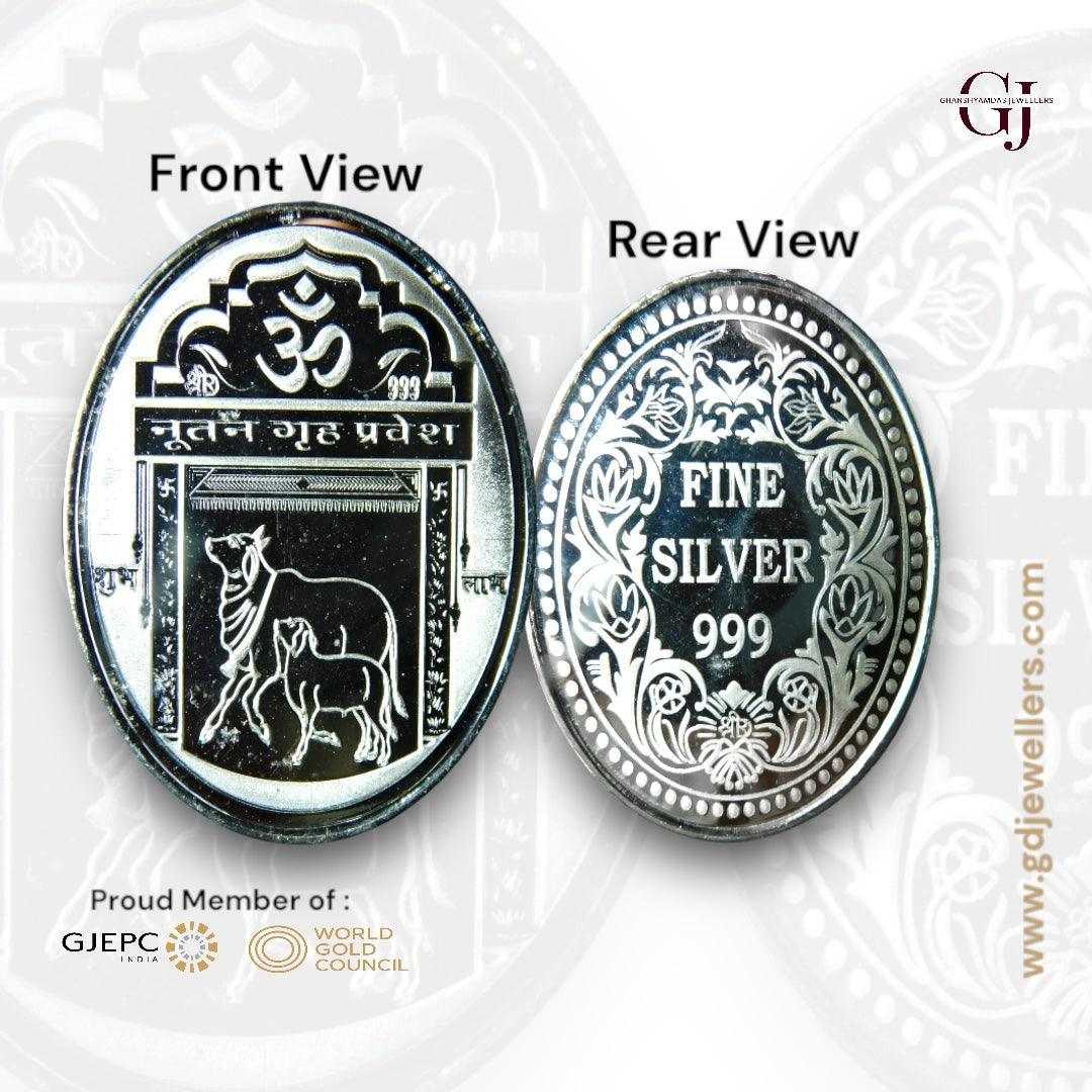 Gruha Pravesh 3D Silver Coin 24KT Purity 999 Oval Shape