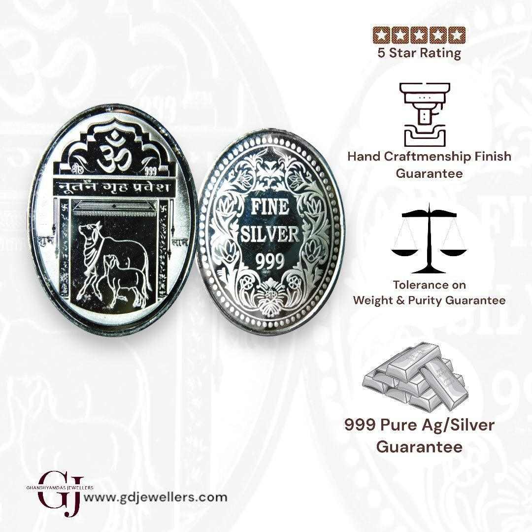 Gruha Pravesh 3D Silver Coin 24KT Purity 999 Oval Shape