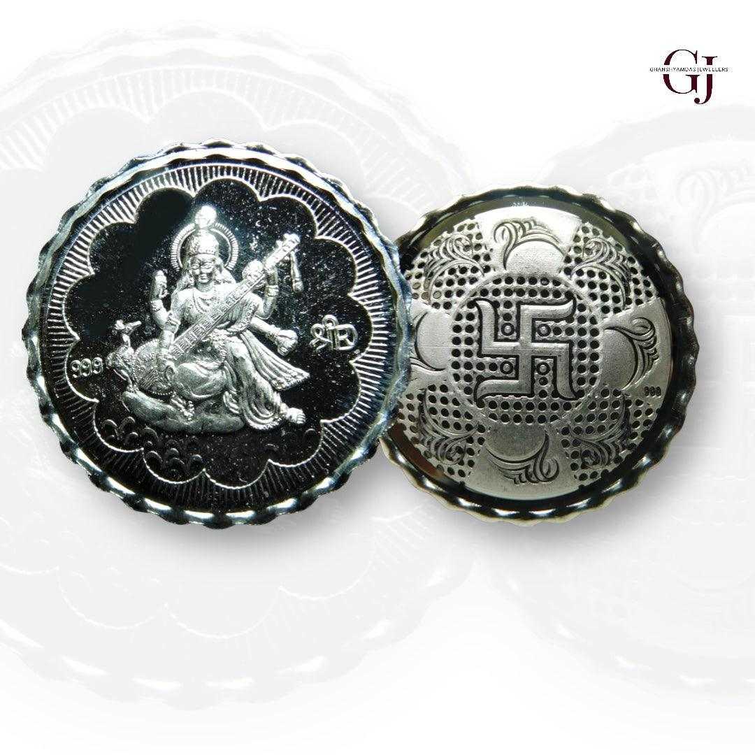 Goddess Maa Saraswati - 3D Silver Coin 24KT Purity 999 Round Shape - B
