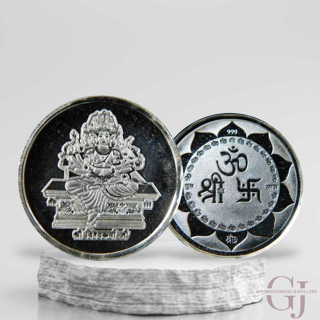 God Vishwakarma - 3D Silver Coin 24KT Purity 999 Round Shape - Backsid