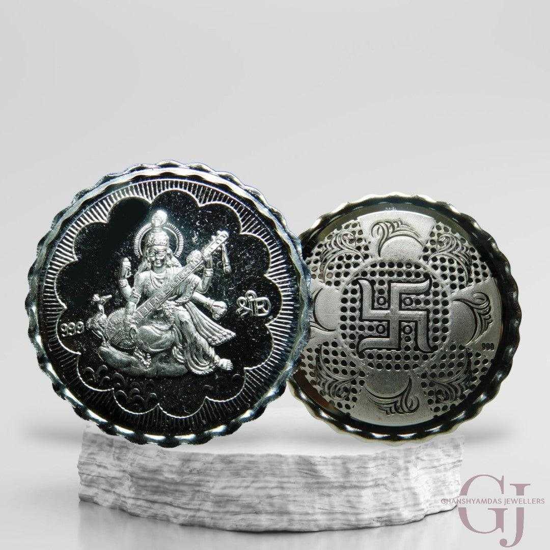 Goddess Maa Saraswati - 3D Silver Coin 24KT Purity 999 Round Shape - B