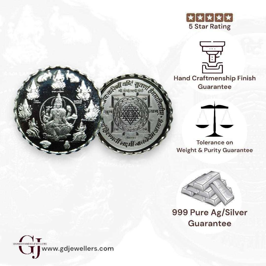 Goddess Ashta Laskhmi  3D Silver Coin Purity 999 Round Shape