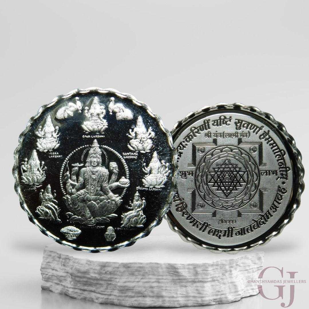 Goddess Ashta Laskhmi  3D Silver Coin Purity 999 Round Shape