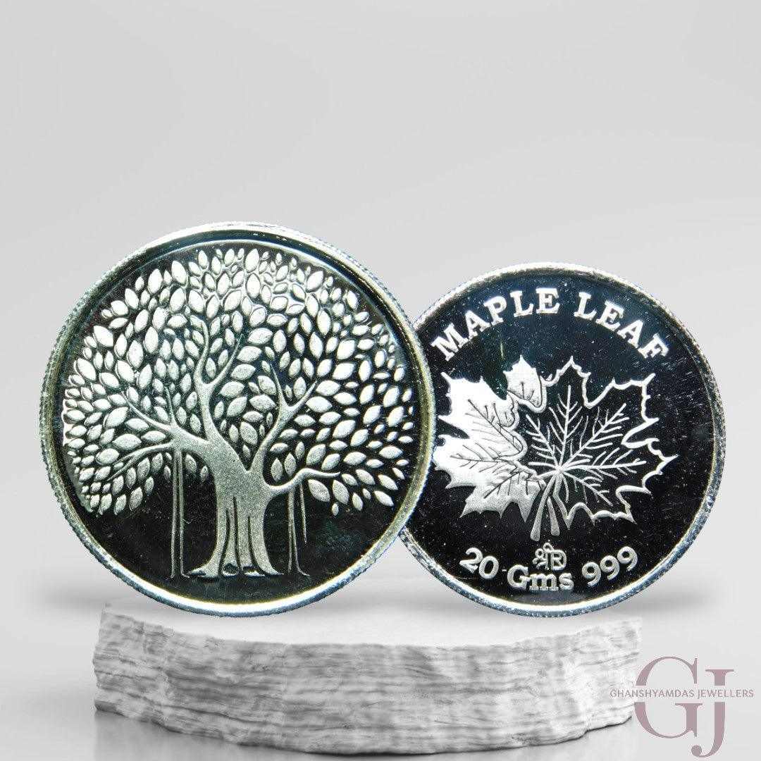 Banyan Tree 3D Silver Coin 24KT Purity 999 Round Shape with maple Leaf