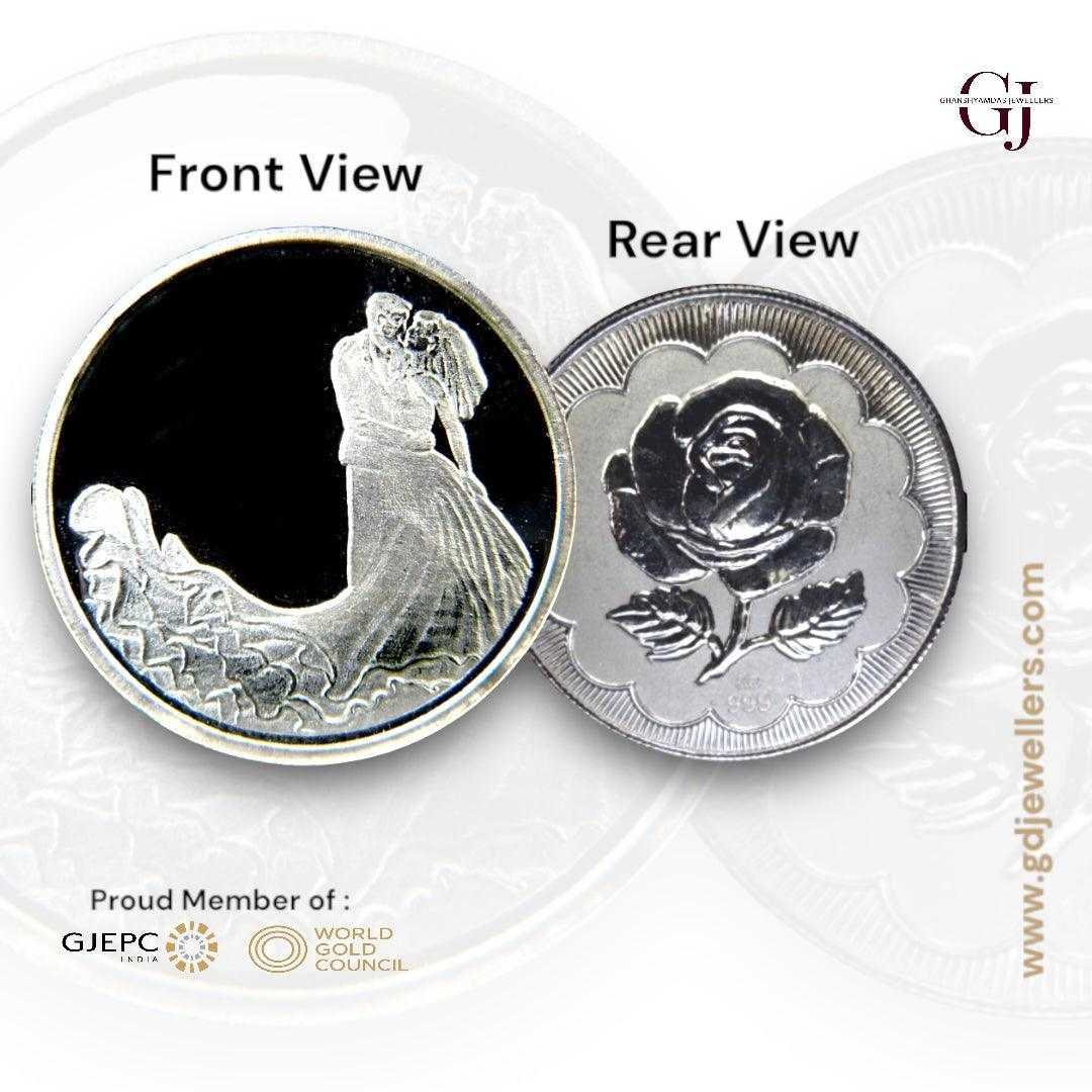 Couple - 3D Silver Coin 24KT Purity 999 Round Shape - Backside Rose