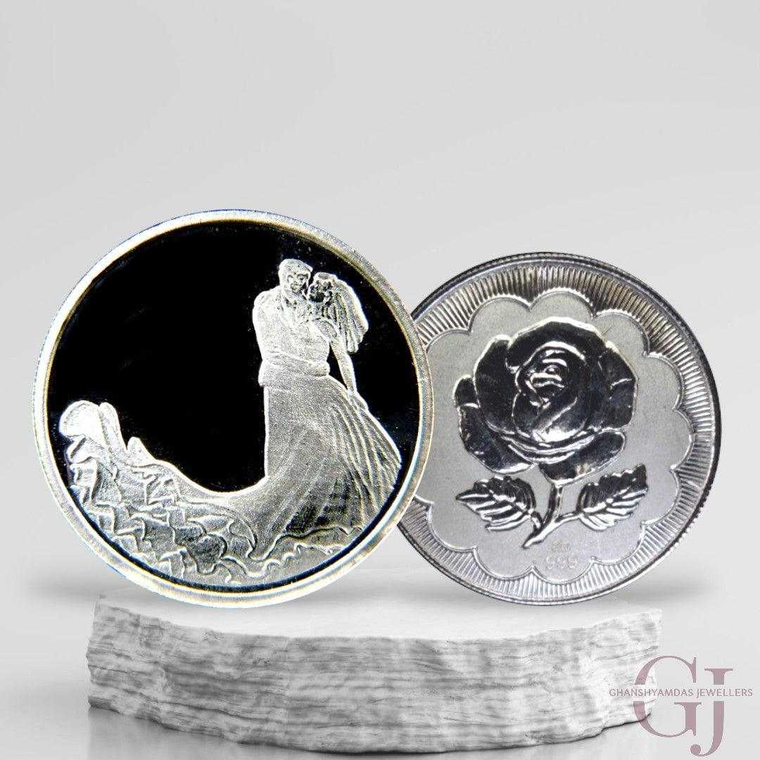 Couple - 3D Silver Coin 24KT Purity 999 Round Shape - Backside Rose