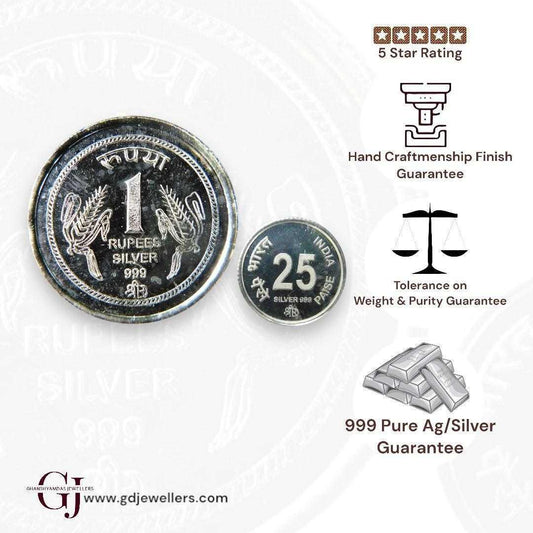 1 Rupee +25 Paisa- 3D Silver Coin 24KT Purity 999 Round Shape - 2 Piec