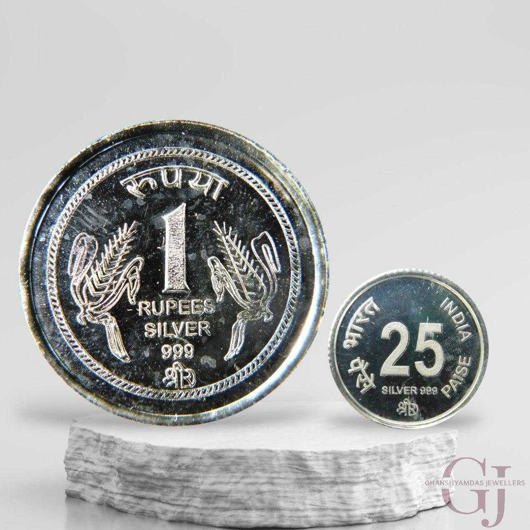 1 Rupee +25 Paisa- 3D Silver Coin 24KT Purity 999 Round Shape - 2 Piec