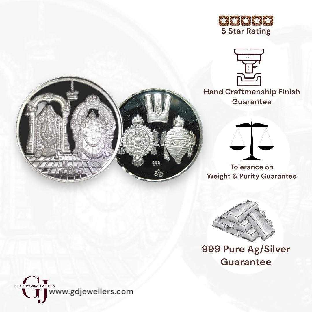 God Balaji Padmavati 3D Silver Coin 24KT Purity 999 Round Shape
